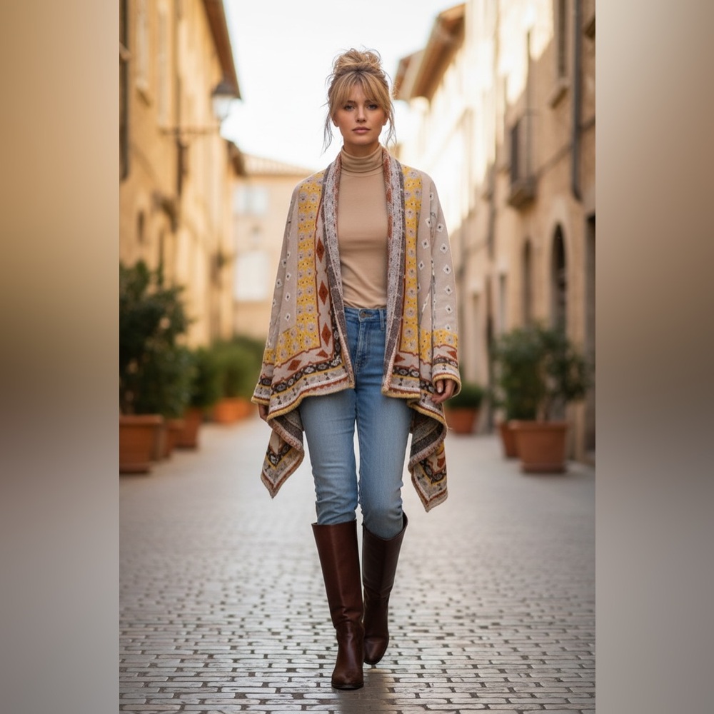 Freeway Beige Red Brown and Yellow Patterned Poncho Large